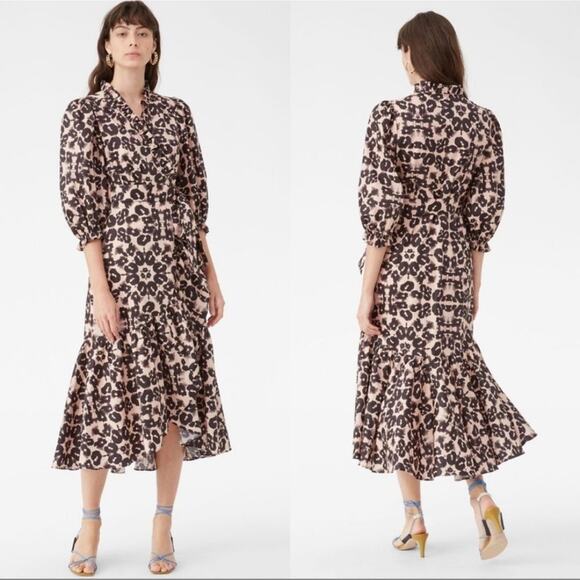 Rebecca Taylor Leopard Ruffle Wrap Midi Dress - Picture 1 of 5